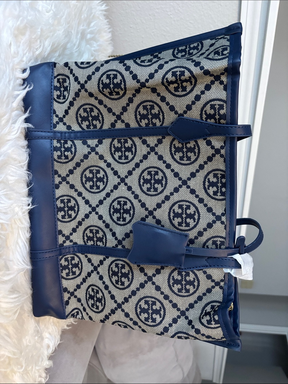 Tory Burch Navy and Cream Logo Canvas Tote